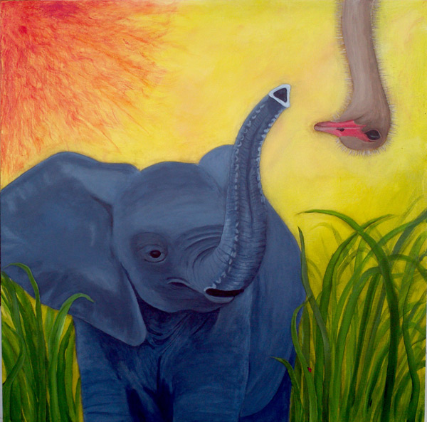Photo of large painting of an elephant, an ostrich, and a lady bug.
